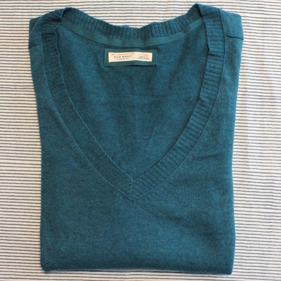 Vintage XL Teal Blue Wool Angora Blend Deep V-Neck Ribbed Sleeve Y2K Sweater - Picture 12 of 12
